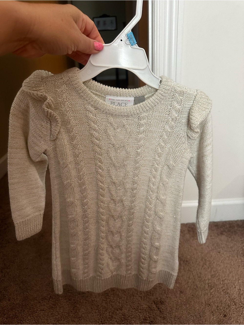 The Children's Place Ivory Cable Knit Dress with Puff Shoulders